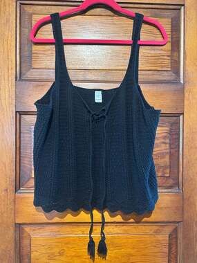 Black Pointelle-Stitch Tie-Front Crochet Sweater Tank Top 100% Cotton